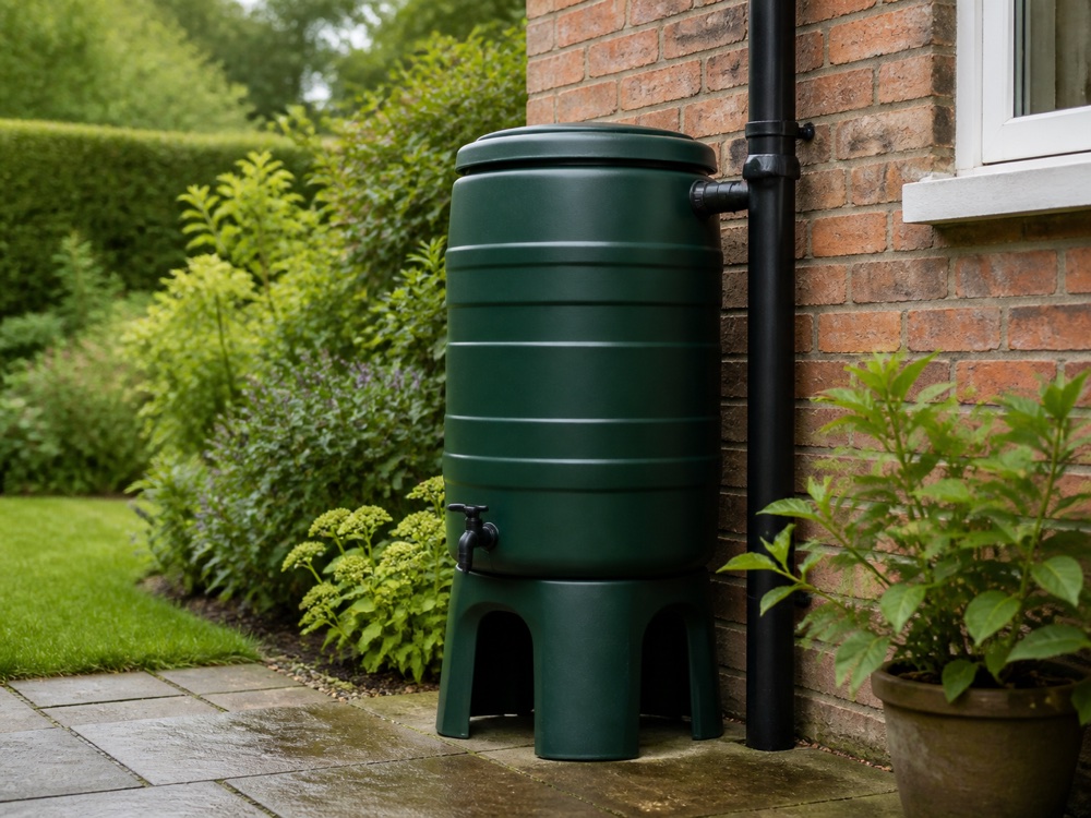 A green water butt connected to a rainwater downpipe beside a garden wall